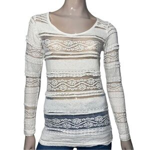 Blanc du Nil Women’s Size 2 S White Stretch Lace Long Sleeve Scoop Neck T-Shirt